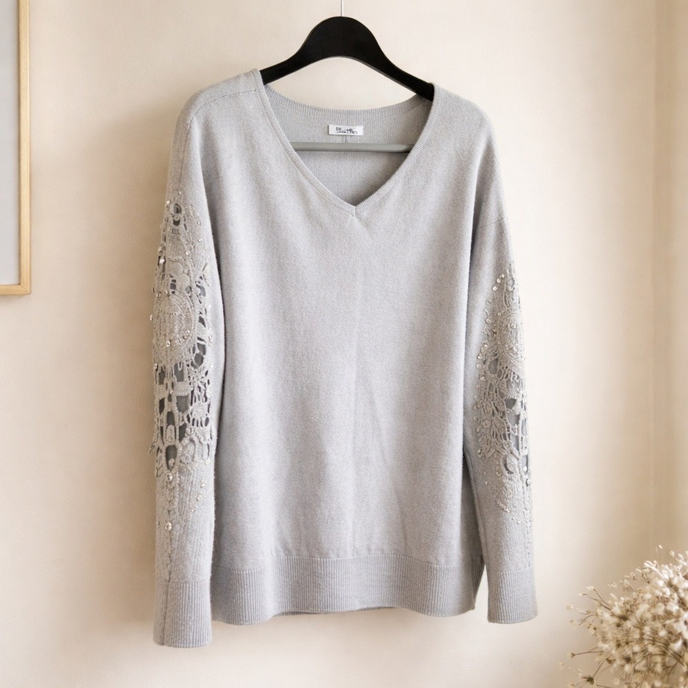 Vita Milano XL Embellished‎ Lace Sleeves Gray Silver Knit Sweater Elegant Top